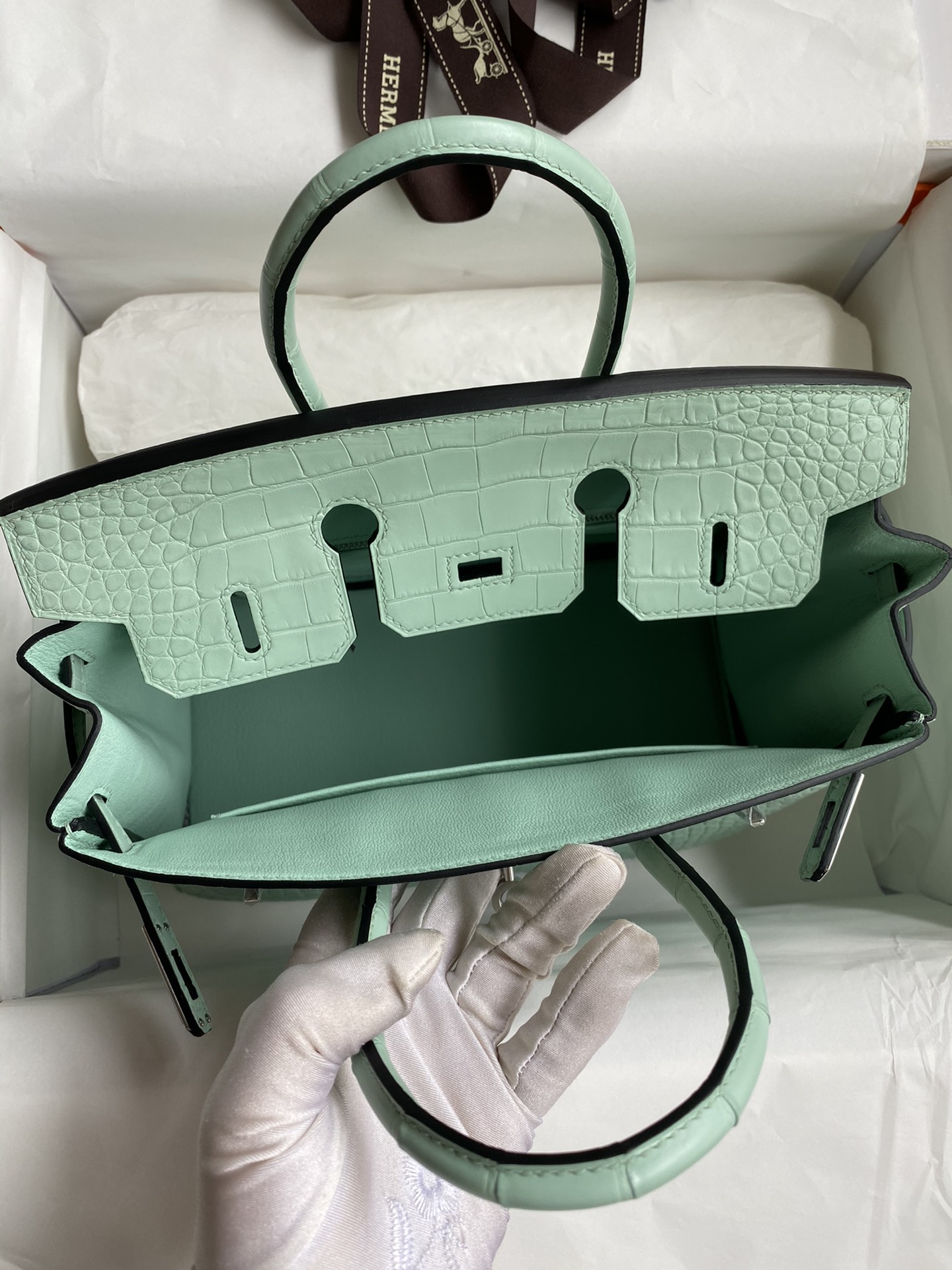 Hermes Birkin 25CM Handmade Bag In Vert D'eau Matte Alligator Leather